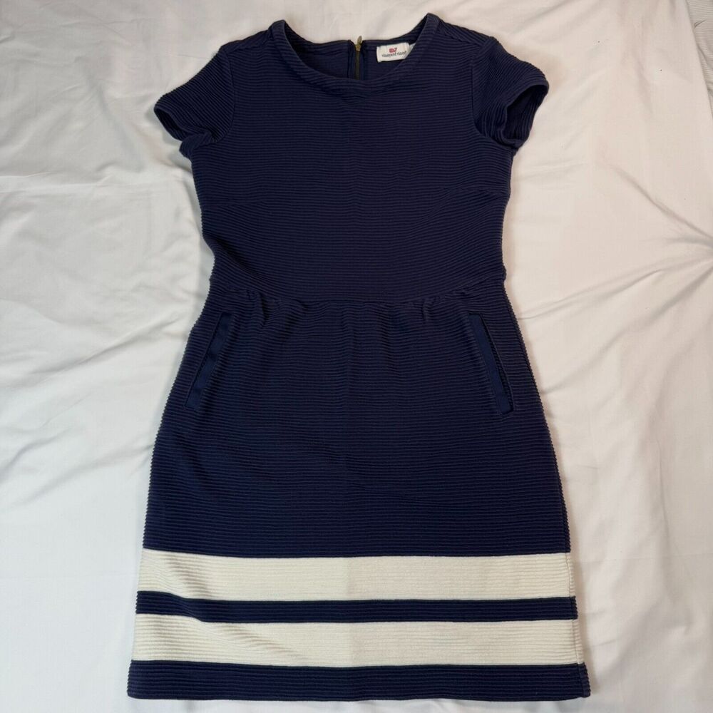 Vineyard Vines Ottoman Stripe Fit Flare Sz 2 Knit Dress Nautical Navy Cap Sleeve